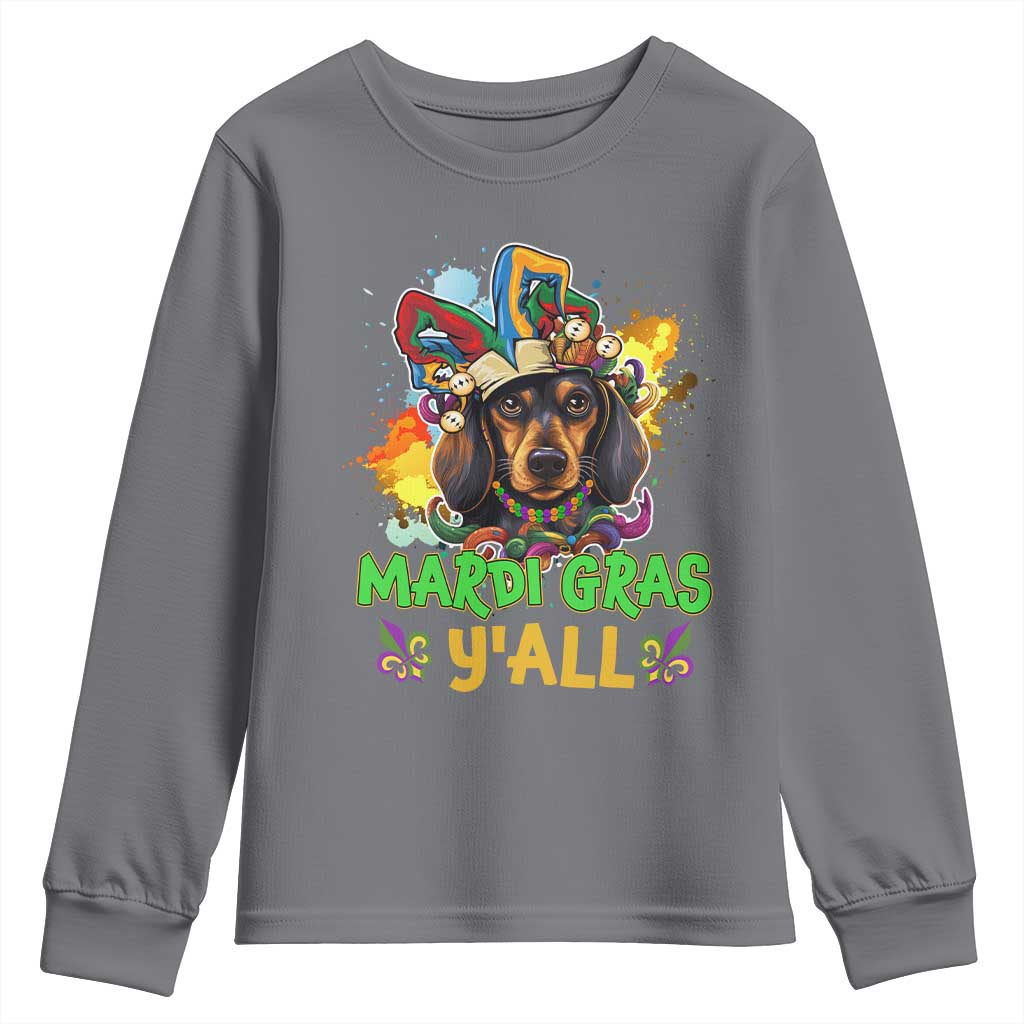 Mardi Gras Y'all Dachshund Dog With Beads Colorful Youth Sweatshirt TS09 Charcoal Print Your Wear