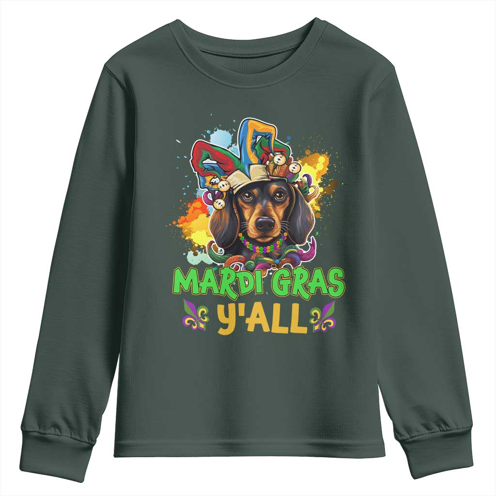 Mardi Gras Y'all Dachshund Dog With Beads Colorful Youth Sweatshirt TS09 Dark Forest Green Print Your Wear