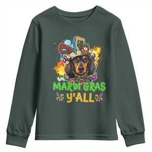Mardi Gras Y'all Dachshund Dog With Beads Colorful Youth Sweatshirt TS09 Dark Forest Green Print Your Wear