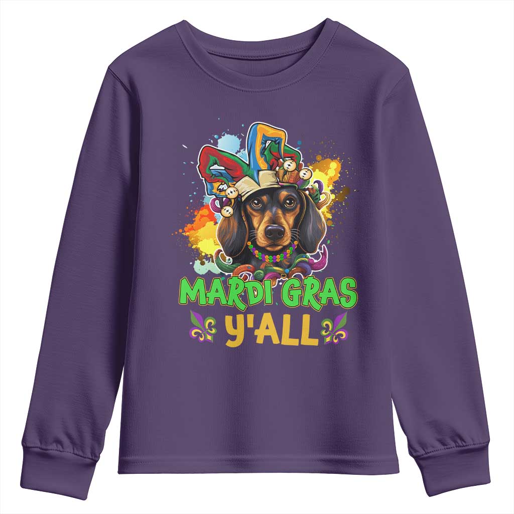 Mardi Gras Y'all Dachshund Dog With Beads Colorful Youth Sweatshirt TS09 Purple Print Your Wear