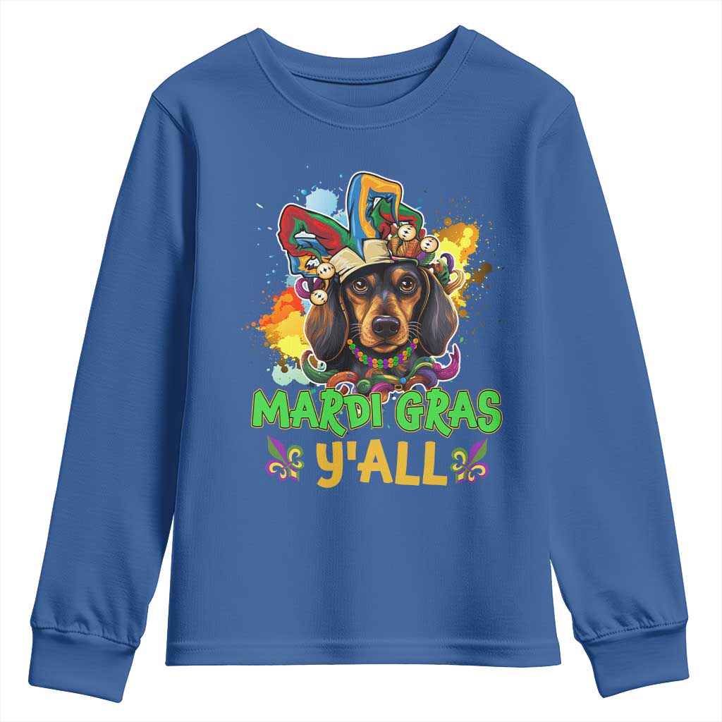 Mardi Gras Y'all Dachshund Dog With Beads Colorful Youth Sweatshirt TS09 Royal Blue Print Your Wear