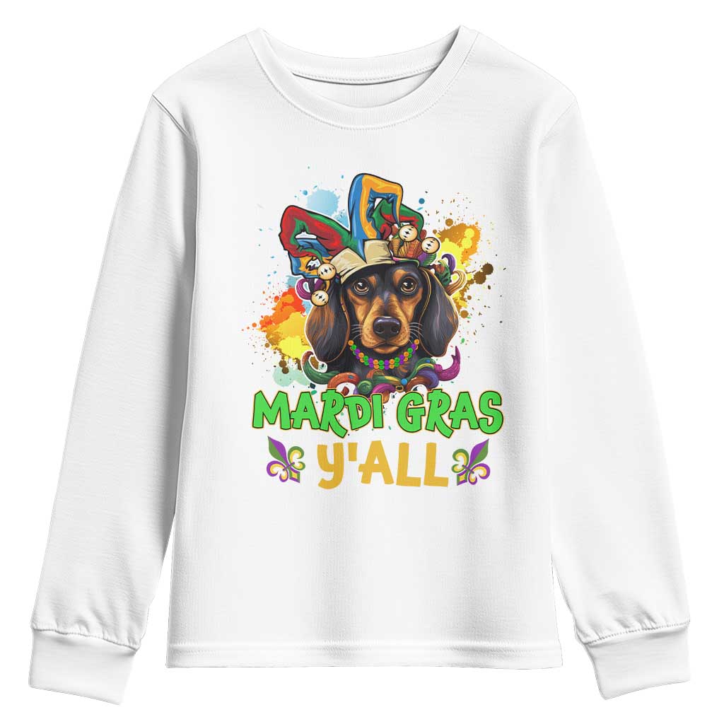 Mardi Gras Y'all Dachshund Dog With Beads Colorful Youth Sweatshirt TS09 White Print Your Wear