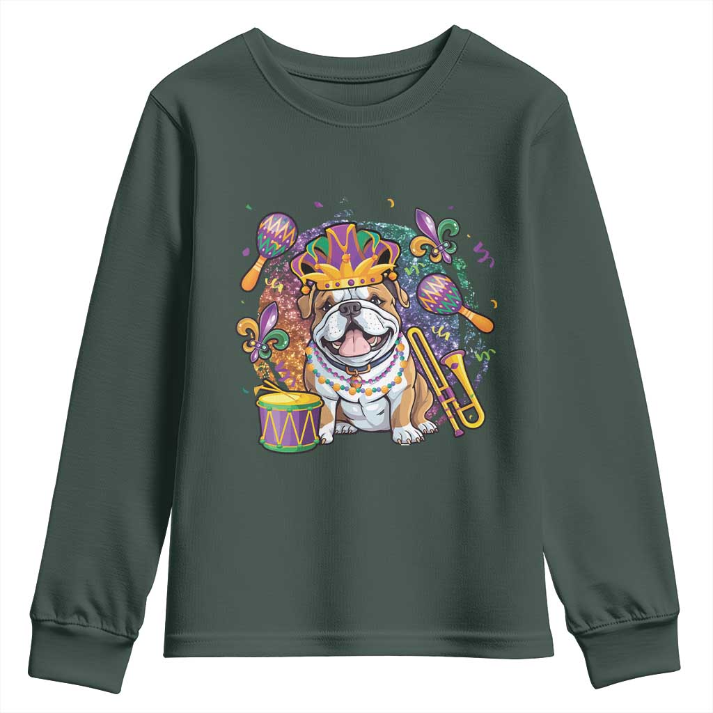 Mardi Gras Youth Sweatshirt Fench Bulldog Cute Fat Tuesday Frenchie Pet Dog TS09 Dark Forest Green Print Your Wear