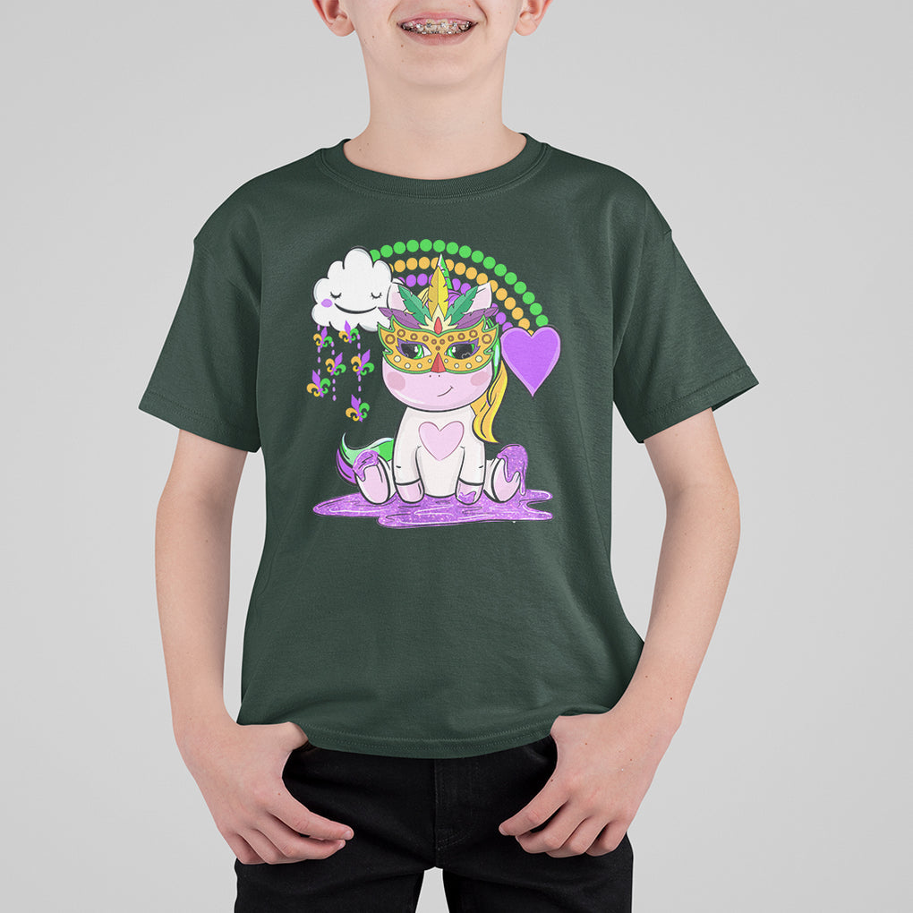 Mardi Gras Cute Unicorn Beads Rainbow Fleur De Lis T Shirt For Kid TS09 Dark Forest Green Printyourwear