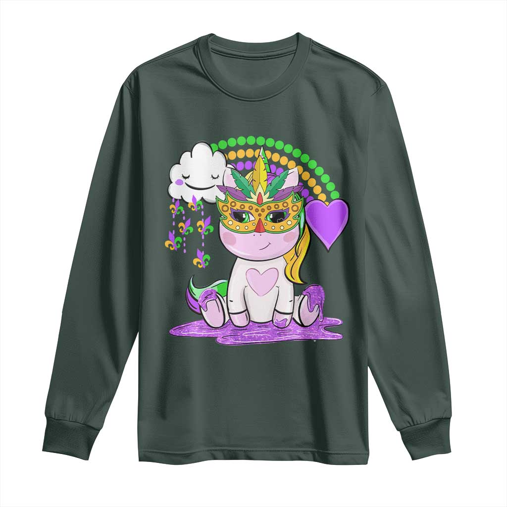 Mardi Gras Cute Unicorn Beads Rainbow Fleur De Lis Long Sleeve Shirt TS09 Dark Forest Green Print Your Wear