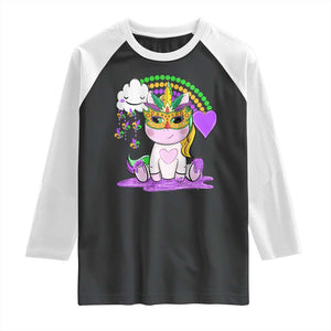 Mardi Gras Cute Unicorn Beads Rainbow Fleur De Lis Raglan Shirt TS09 Black White Print Your Wear