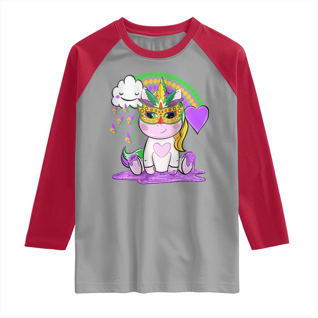 Mardi Gras Cute Unicorn Beads Rainbow Fleur De Lis Raglan Shirt TS09 Sport Gray Red Print Your Wear