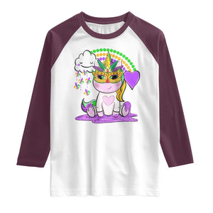 Mardi Gras Cute Unicorn Beads Rainbow Fleur De Lis Raglan Shirt TS09 White Maroon Print Your Wear