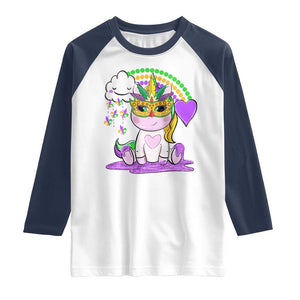 Mardi Gras Cute Unicorn Beads Rainbow Fleur De Lis Raglan Shirt TS09 White Navy Print Your Wear