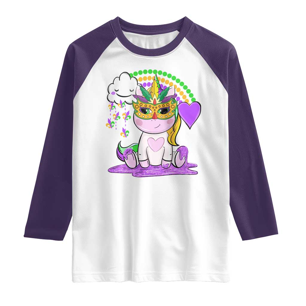 Mardi Gras Cute Unicorn Beads Rainbow Fleur De Lis Raglan Shirt TS09 White Purple Print Your Wear
