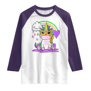Mardi Gras Cute Unicorn Beads Rainbow Fleur De Lis Raglan Shirt TS09 White Purple Print Your Wear