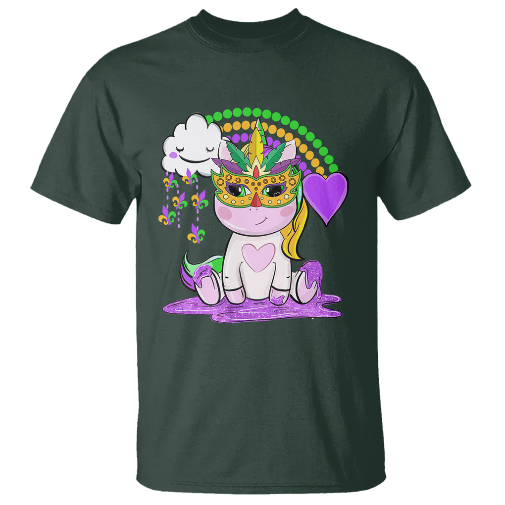 Mardi Gras Cute Unicorn Beads Rainbow Fleur De Lis T Shirt TS09 Dark Forest Green Printyourwear