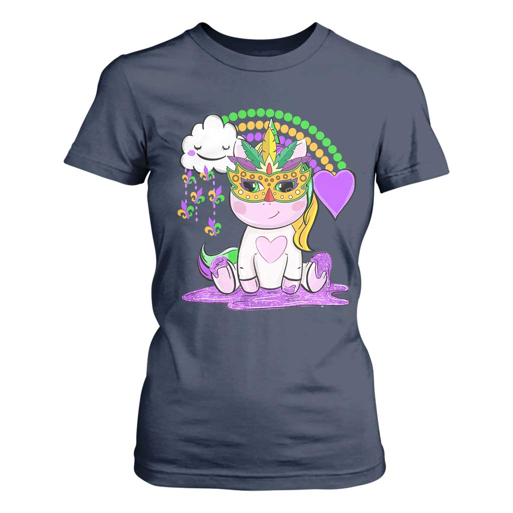 Mardi Gras Cute Unicorn Beads Rainbow Fleur De Lis T Shirt For Women TS09 Navy Print Your Wear