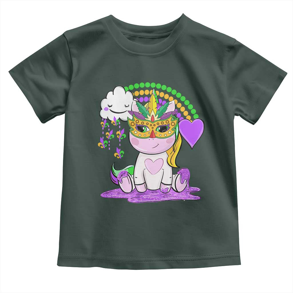 Mardi Gras Cute Unicorn Beads Rainbow Fleur De Lis Toddler T Shirt TS09 Dark Forest Green Print Your Wear