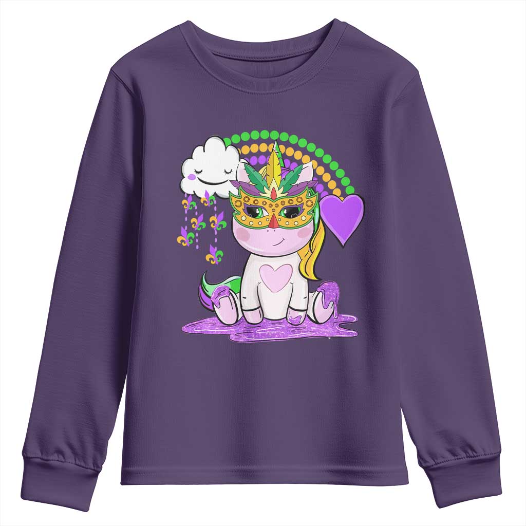Mardi Gras Cute Unicorn Beads Rainbow Fleur De Lis Youth Sweatshirt TS09 Purple Print Your Wear