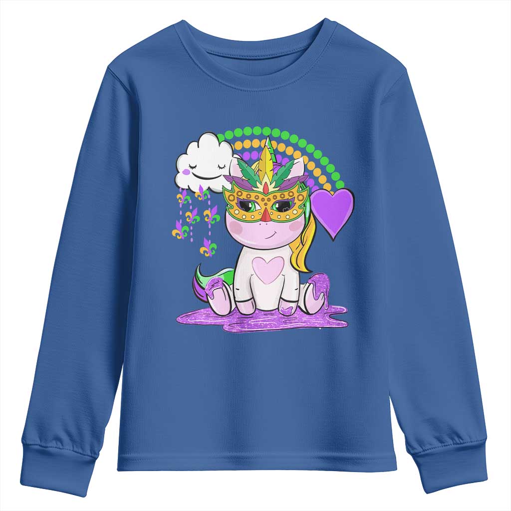 Mardi Gras Cute Unicorn Beads Rainbow Fleur De Lis Youth Sweatshirt TS09 Royal Blue Print Your Wear