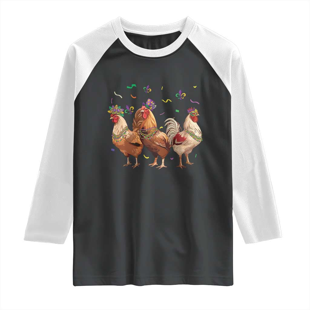 Mardi Gras Funny Farmer Jester Chicken Beads Raglan Shirt TS09 Black White Print Your Wear
