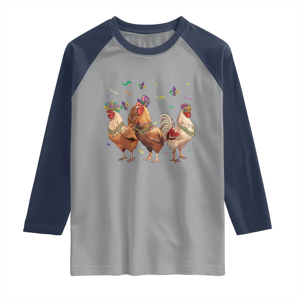 Mardi Gras Funny Farmer Jester Chicken Beads Raglan Shirt TS09 Sport Gray Navy Print Your Wear