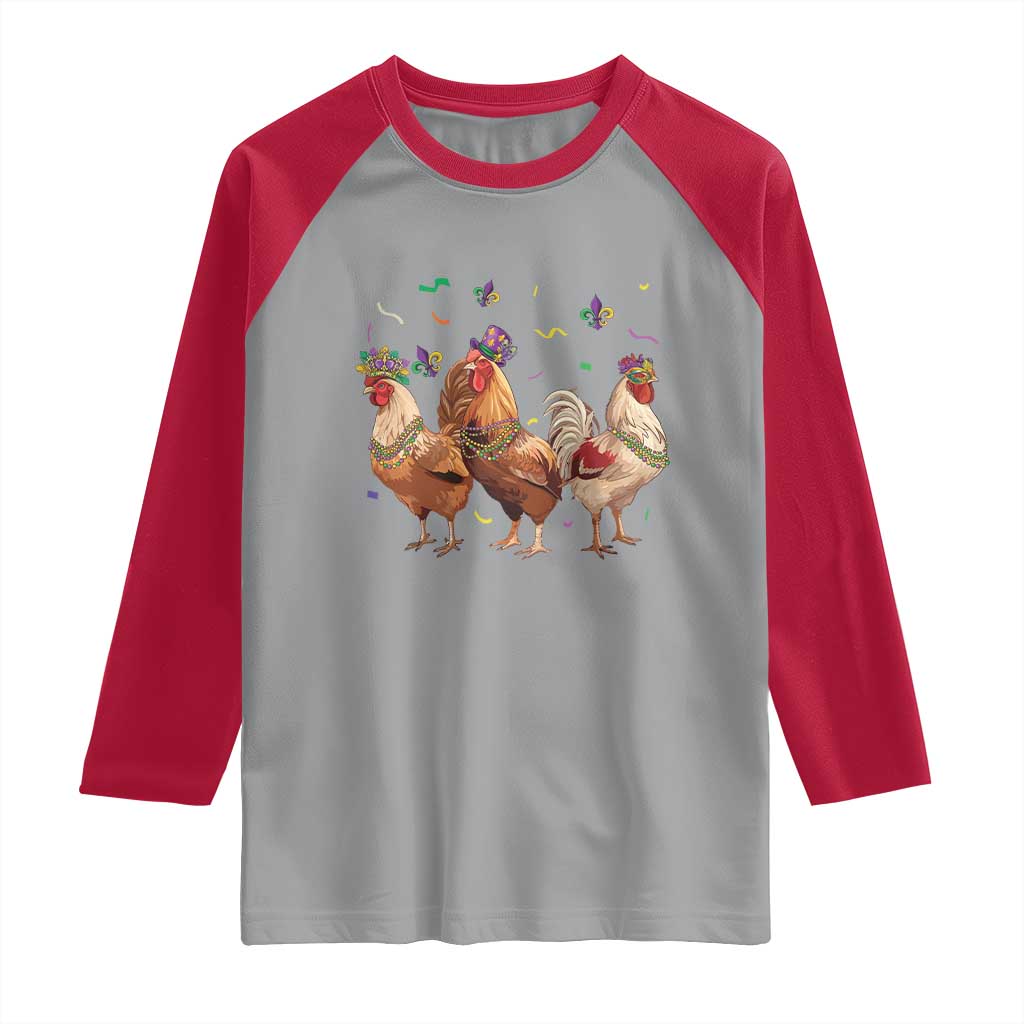 Mardi Gras Funny Farmer Jester Chicken Beads Raglan Shirt TS09 Sport Gray Red Print Your Wear