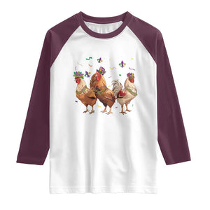 Mardi Gras Funny Farmer Jester Chicken Beads Raglan Shirt TS09 White Maroon Print Your Wear
