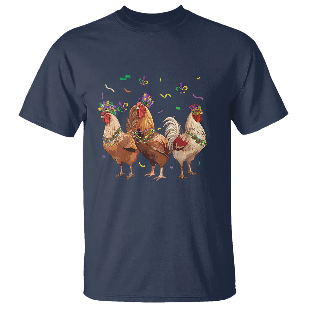Mardi Gras Funny Farmer Jester Chicken Beads T Shirt TS09 Navy Printyourwear