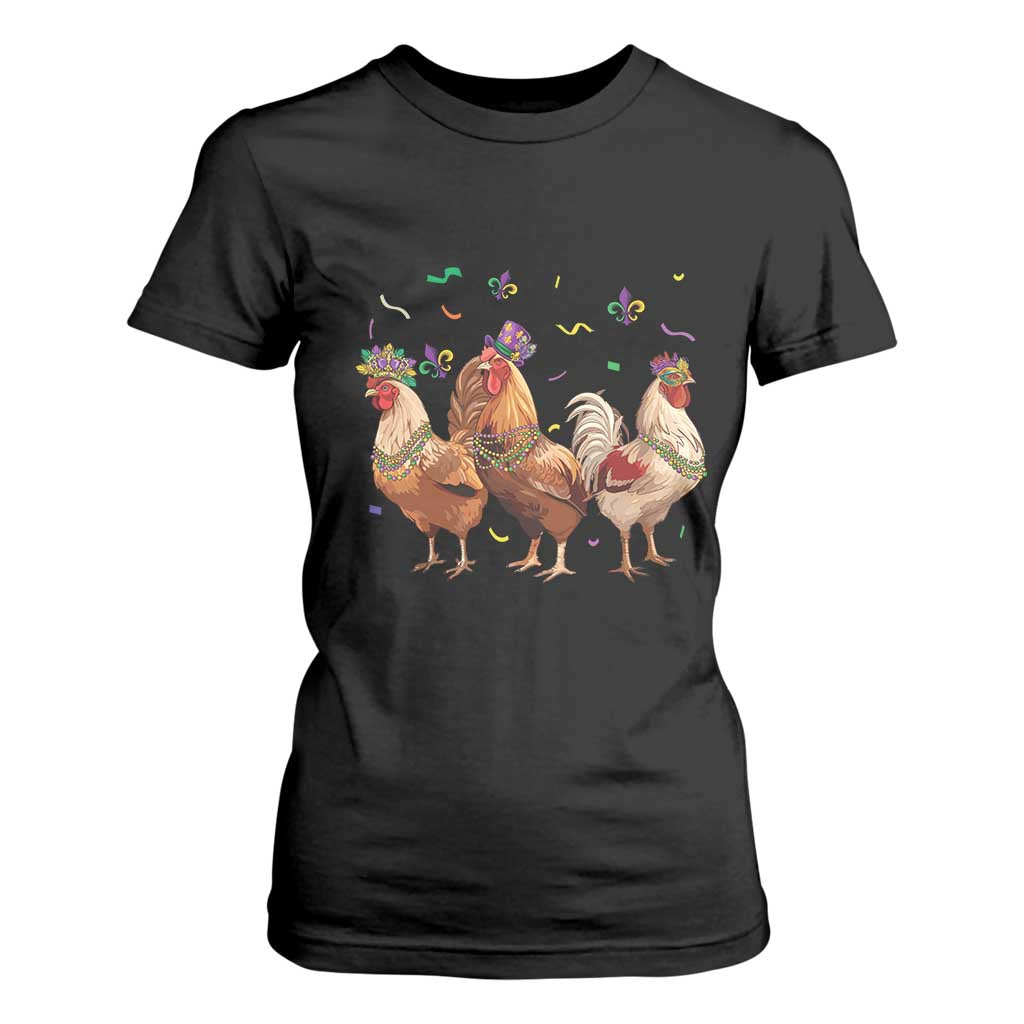 Mardi Gras Funny Farmer Jester Chicken Beads T Shirt For Women TS09 Black Print Your Wear