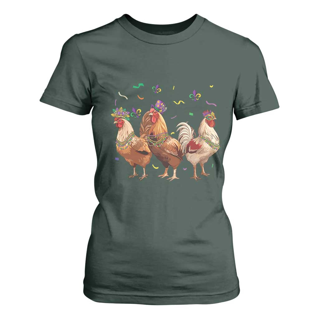 Mardi Gras Funny Farmer Jester Chicken Beads T Shirt For Women TS09 Dark Forest Green Print Your Wear
