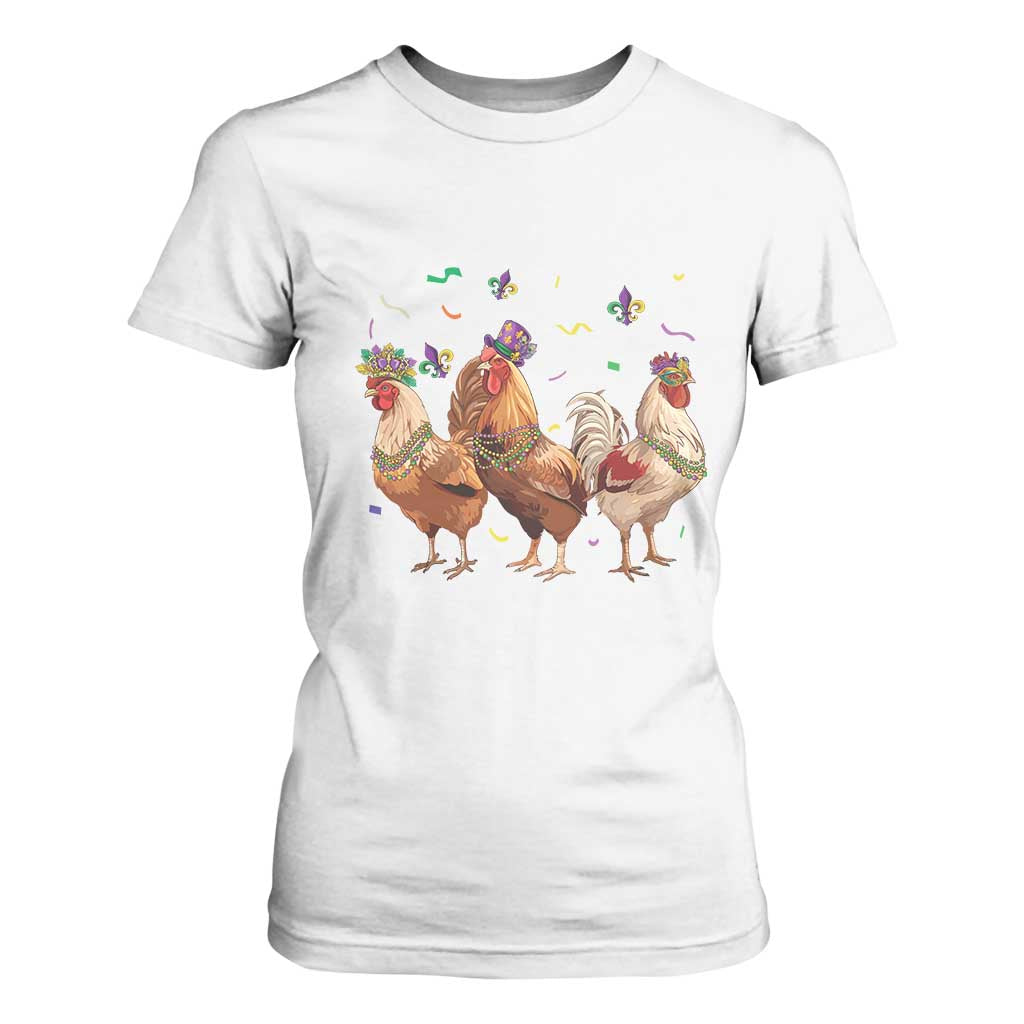 Mardi Gras Funny Farmer Jester Chicken Beads T Shirt For Women TS09 White Print Your Wear