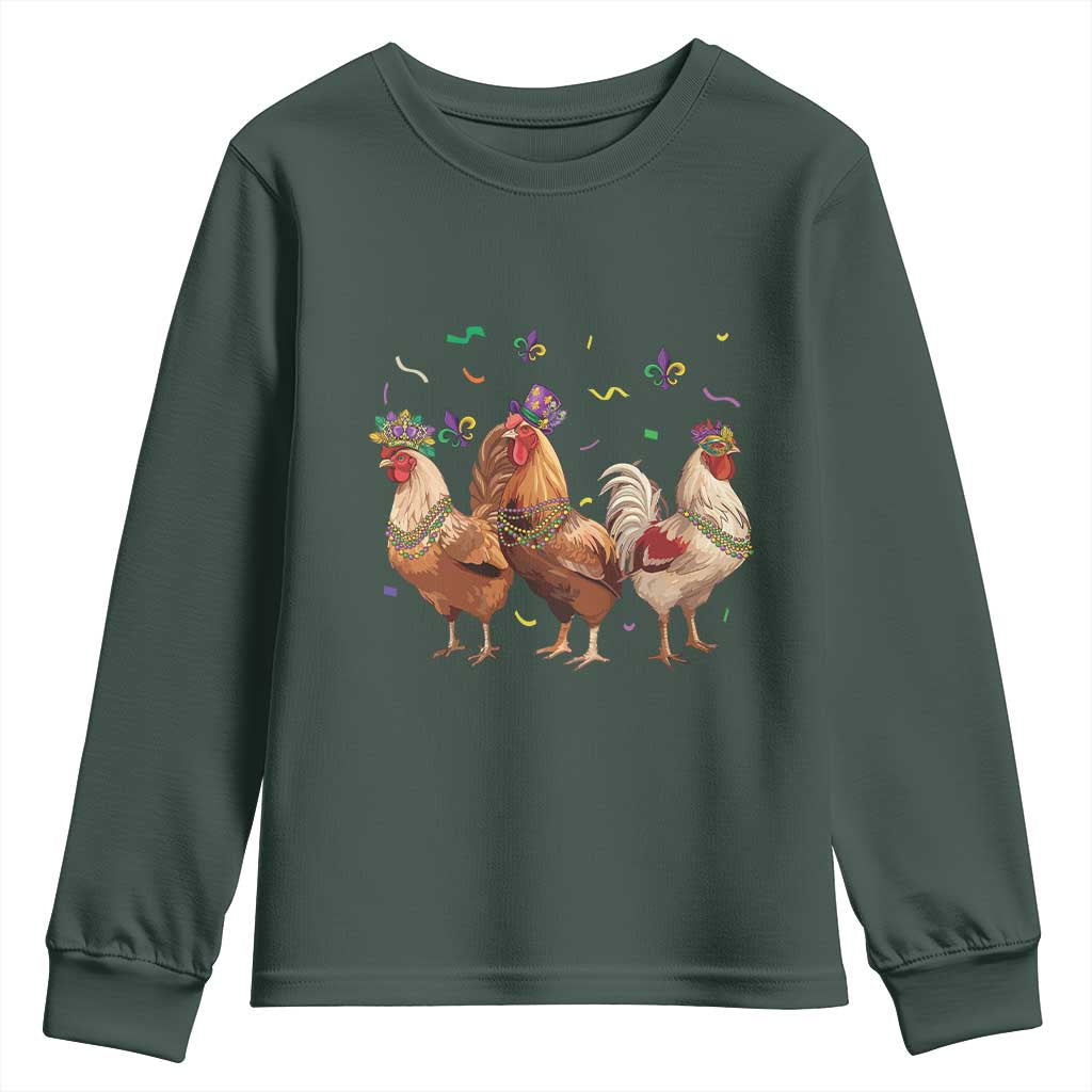 Mardi Gras Funny Farmer Jester Chicken Beads Youth Sweatshirt TS09 Dark Forest Green Print Your Wear