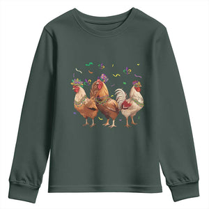 Mardi Gras Funny Farmer Jester Chicken Beads Youth Sweatshirt TS09 Dark Forest Green Print Your Wear