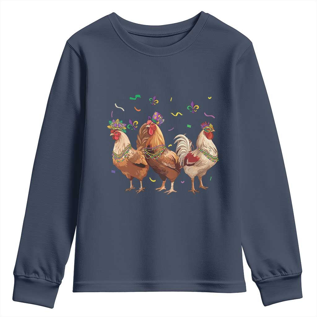 Mardi Gras Funny Farmer Jester Chicken Beads Youth Sweatshirt TS09 Navy Print Your Wear