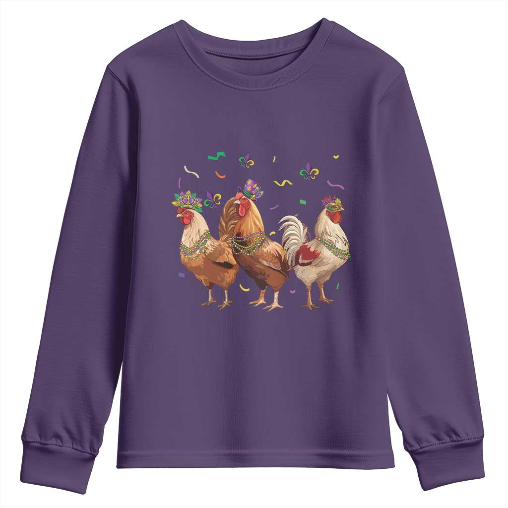 Mardi Gras Funny Farmer Jester Chicken Beads Youth Sweatshirt TS09 Purple Print Your Wear