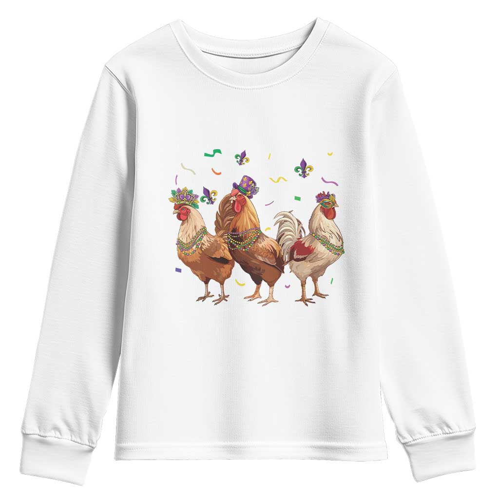 Mardi Gras Funny Farmer Jester Chicken Beads Youth Sweatshirt TS09 White Print Your Wear