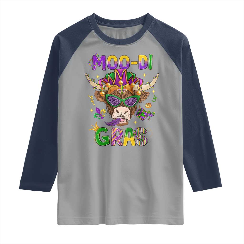 Mardi Gras Raglan Shirt Moo-di Bead Heifer Cow Fat Tuesday Festival TS09 Sport Gray Navy Print Your Wear