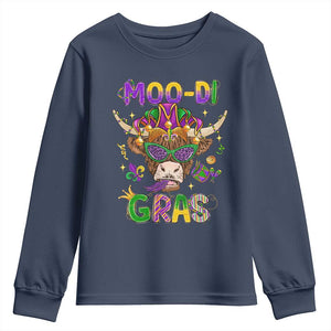 Mardi Gras Youth Sweatshirt Moo-di Bead Heifer Cow Fat Tuesday Festival TS09 Navy Print Your Wear