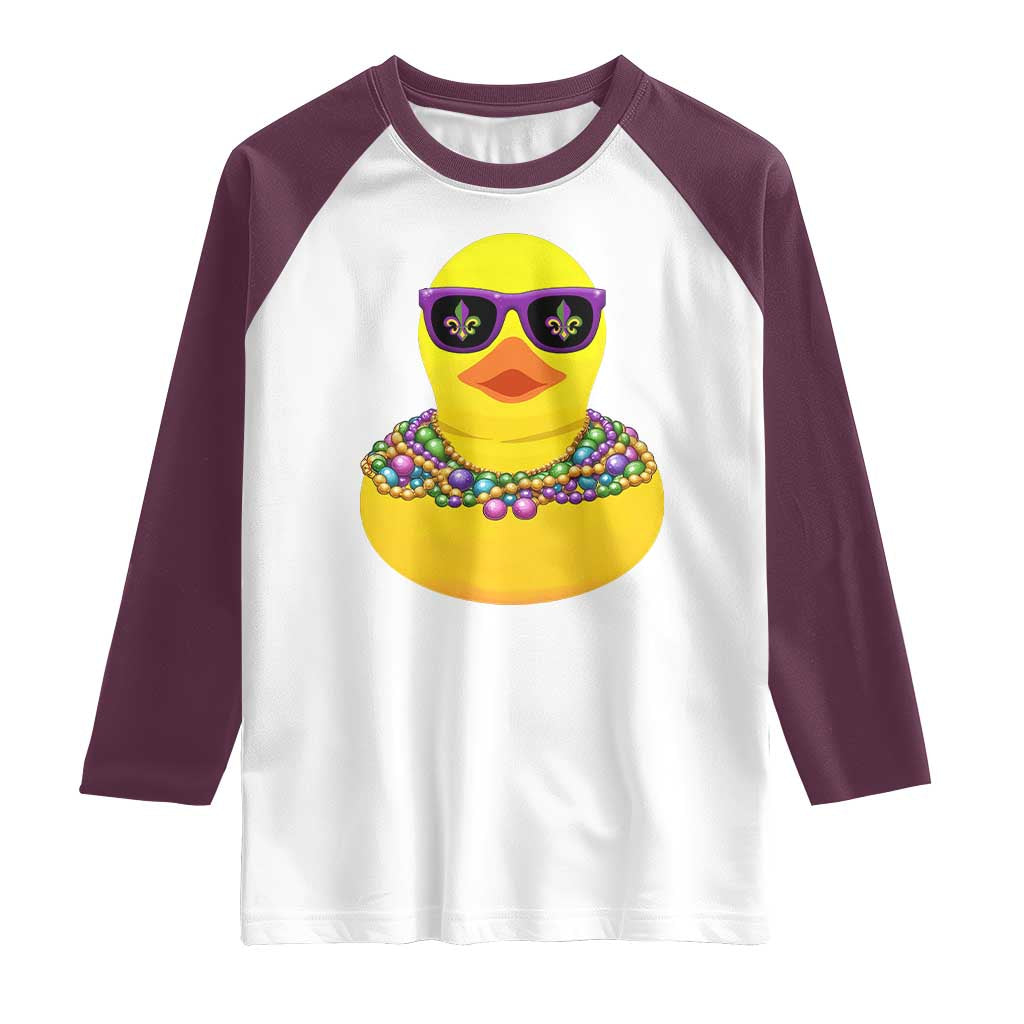 Mardi Gras Beads Cool Rubber Duck Fat Tuesday Festival Raglan Shirt TS09 White Maroon Print Your Wear