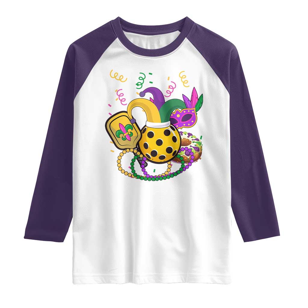 Mardi Gras Pickleball Jester Hat Beads Raglan Shirt TS09 White Purple Print Your Wear