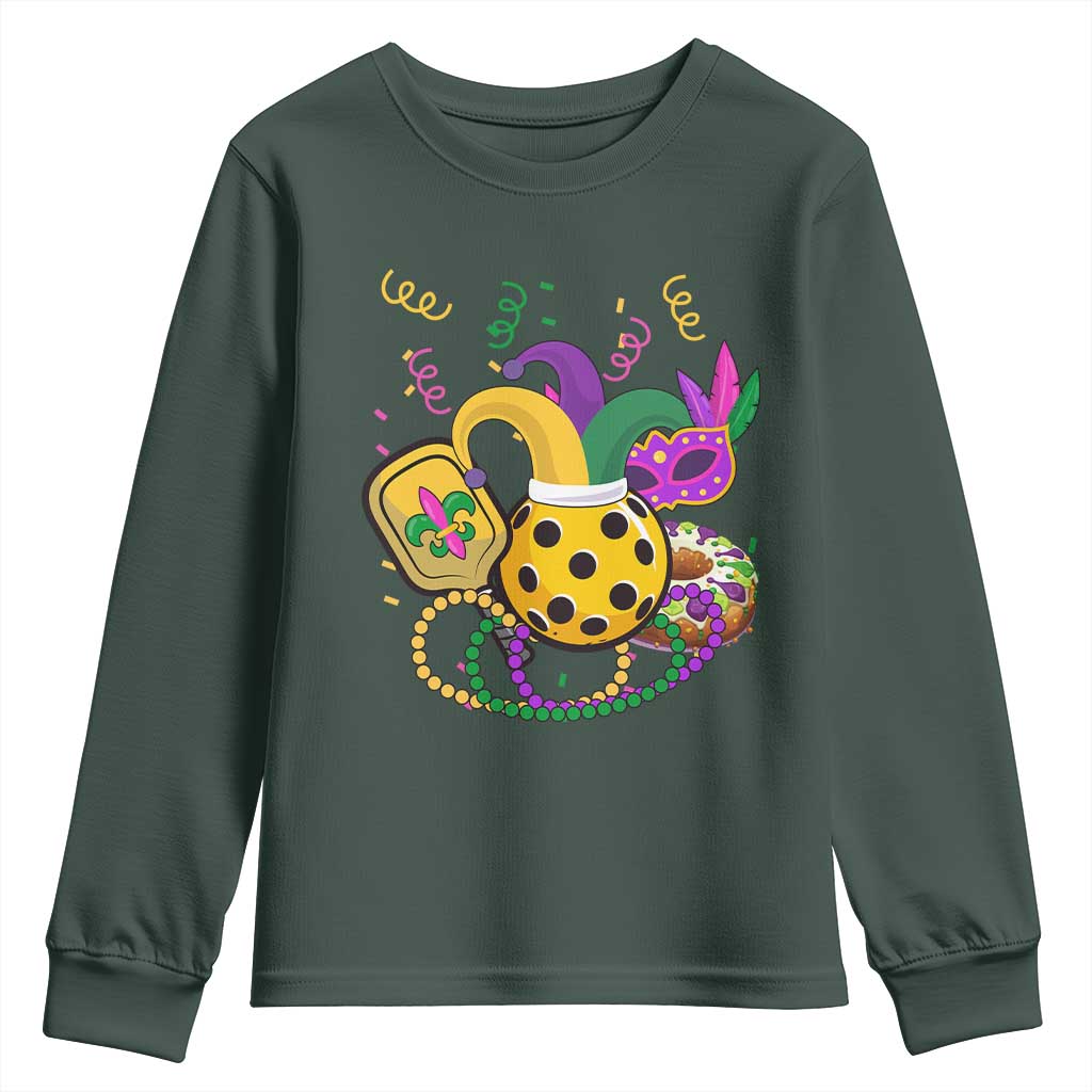 Mardi Gras Pickleball Jester Hat Beads Youth Sweatshirt TS09 Dark Forest Green Print Your Wear