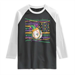 Mardi Gras Baseball Jester Hat Beads Flag Raglan Shirt TS09 Black White Print Your Wear