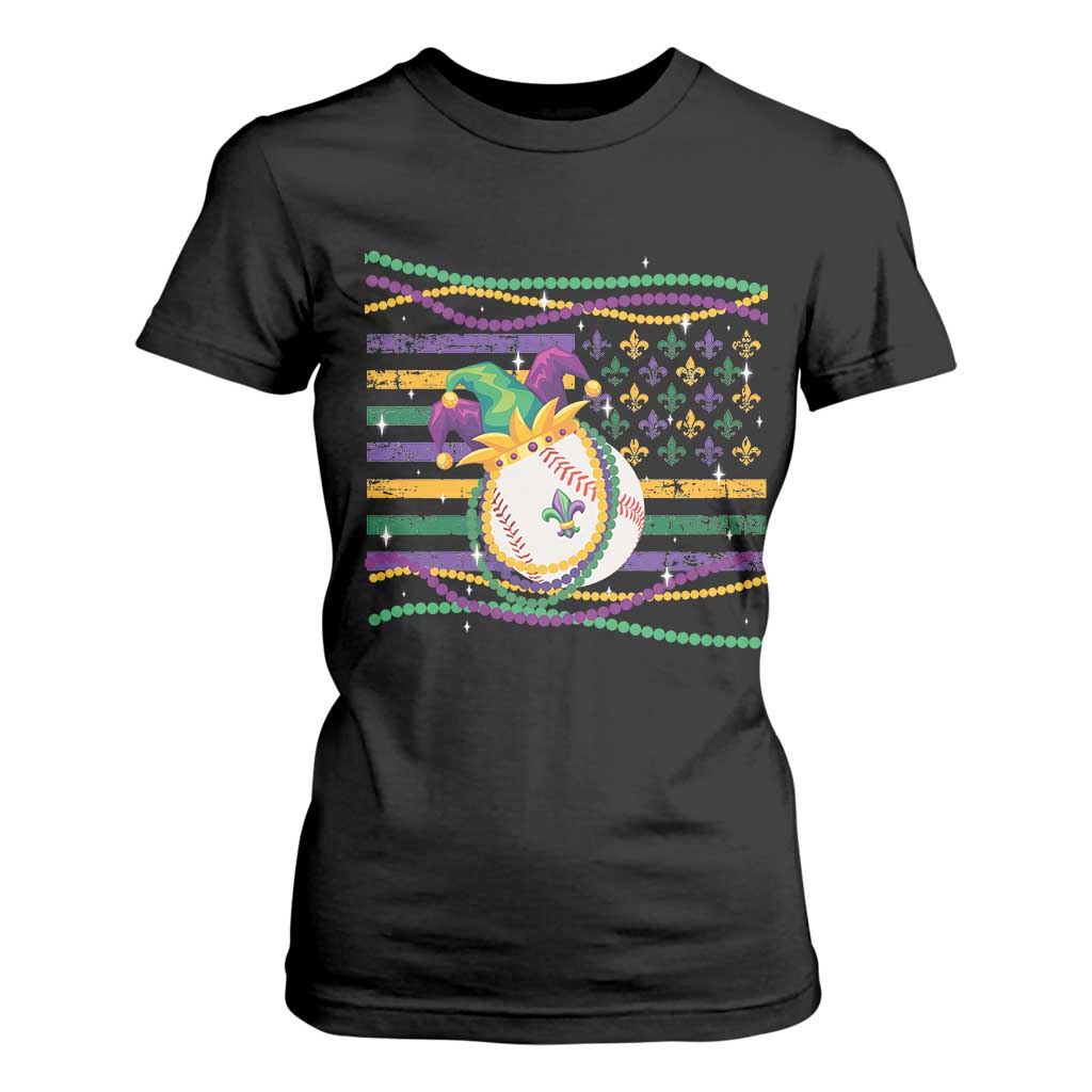 Mardi Gras Baseball Jester Hat Beads Flag T Shirt For Women TS09 Black Print Your Wear