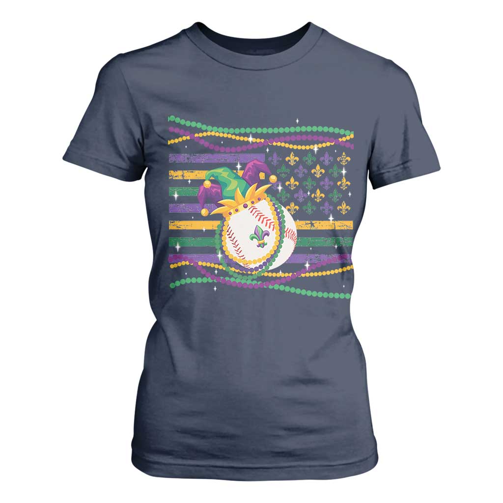 Mardi Gras Baseball Jester Hat Beads Flag T Shirt For Women TS09 Navy Print Your Wear