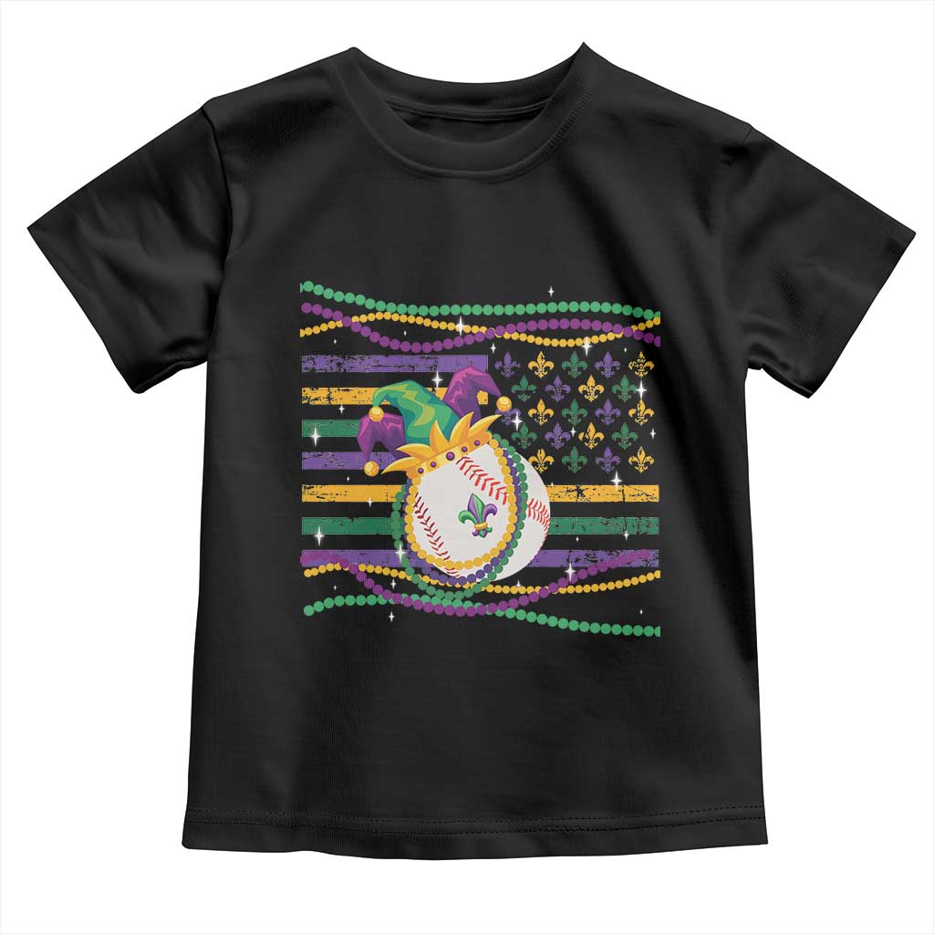 Mardi Gras Baseball Jester Hat Beads Flag Toddler T Shirt TS09 Black Print Your Wear