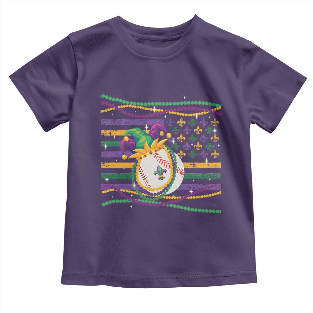 Mardi Gras Baseball Jester Hat Beads Flag Toddler T Shirt TS09 Purple Print Your Wear