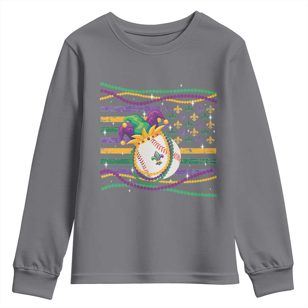 Mardi Gras Baseball Jester Hat Beads Flag Youth Sweatshirt TS09 Charcoal Print Your Wear