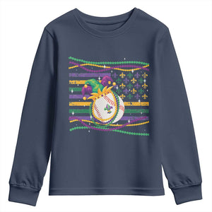 Mardi Gras Baseball Jester Hat Beads Flag Youth Sweatshirt TS09 Navy Print Your Wear