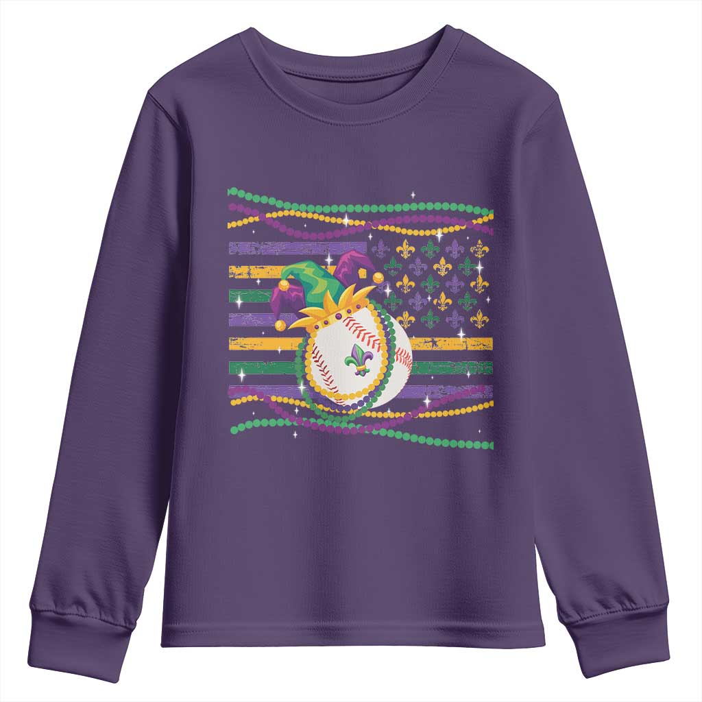 Mardi Gras Baseball Jester Hat Beads Flag Youth Sweatshirt TS09 Purple Print Your Wear