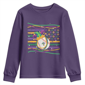 Mardi Gras Baseball Jester Hat Beads Flag Youth Sweatshirt TS09 Purple Print Your Wear