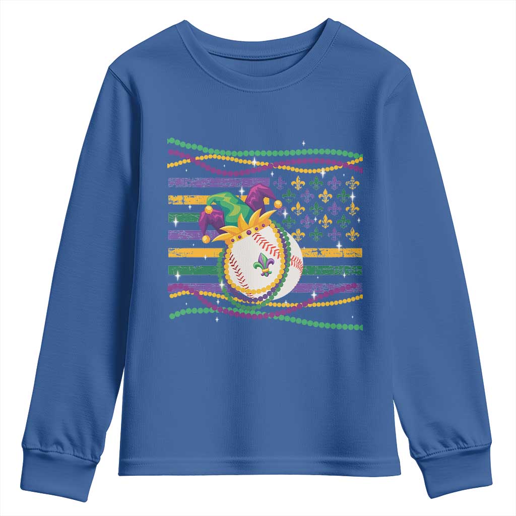 Mardi Gras Baseball Jester Hat Beads Flag Youth Sweatshirt TS09 Royal Blue Print Your Wear