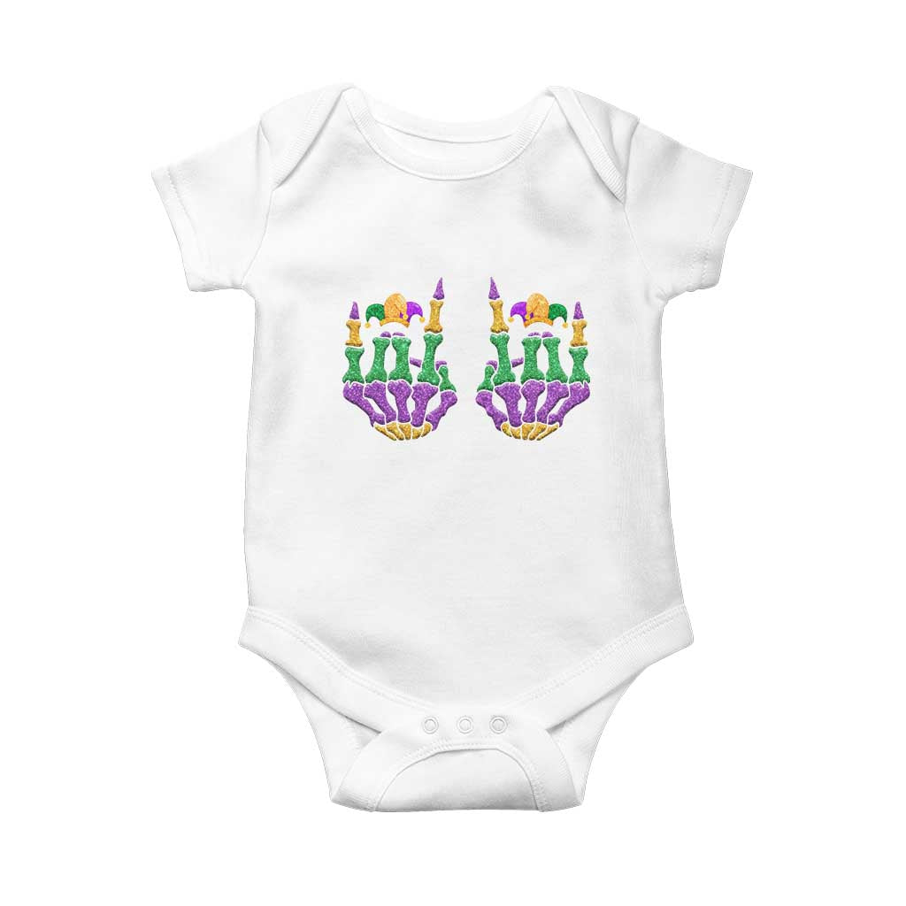Mardi Gras Baby Onesie Jester Skeleton Rock Hand Fat Tuesday Festival TS09 White Print Your Wear