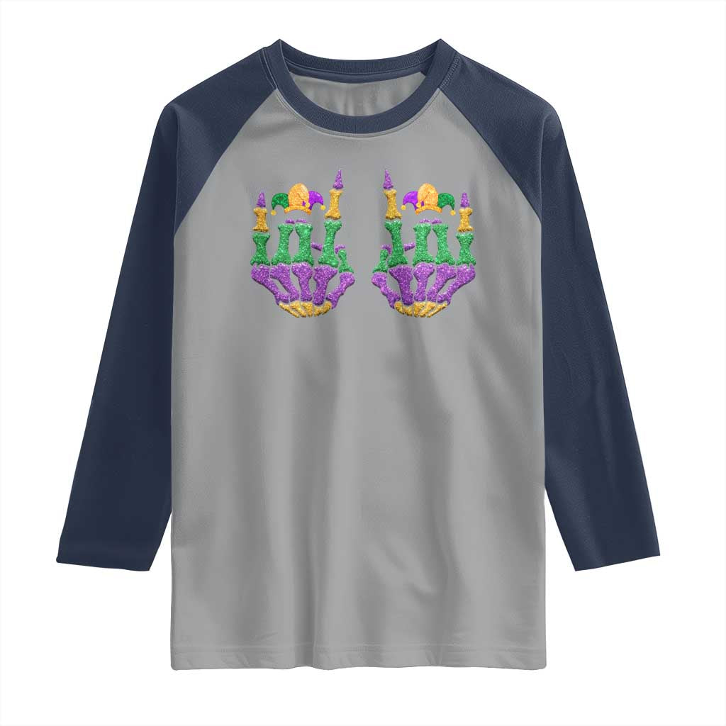 Mardi Gras Raglan Shirt Jester Skeleton Rock Hand Fat Tuesday Festival TS09 Sport Gray Navy Print Your Wear